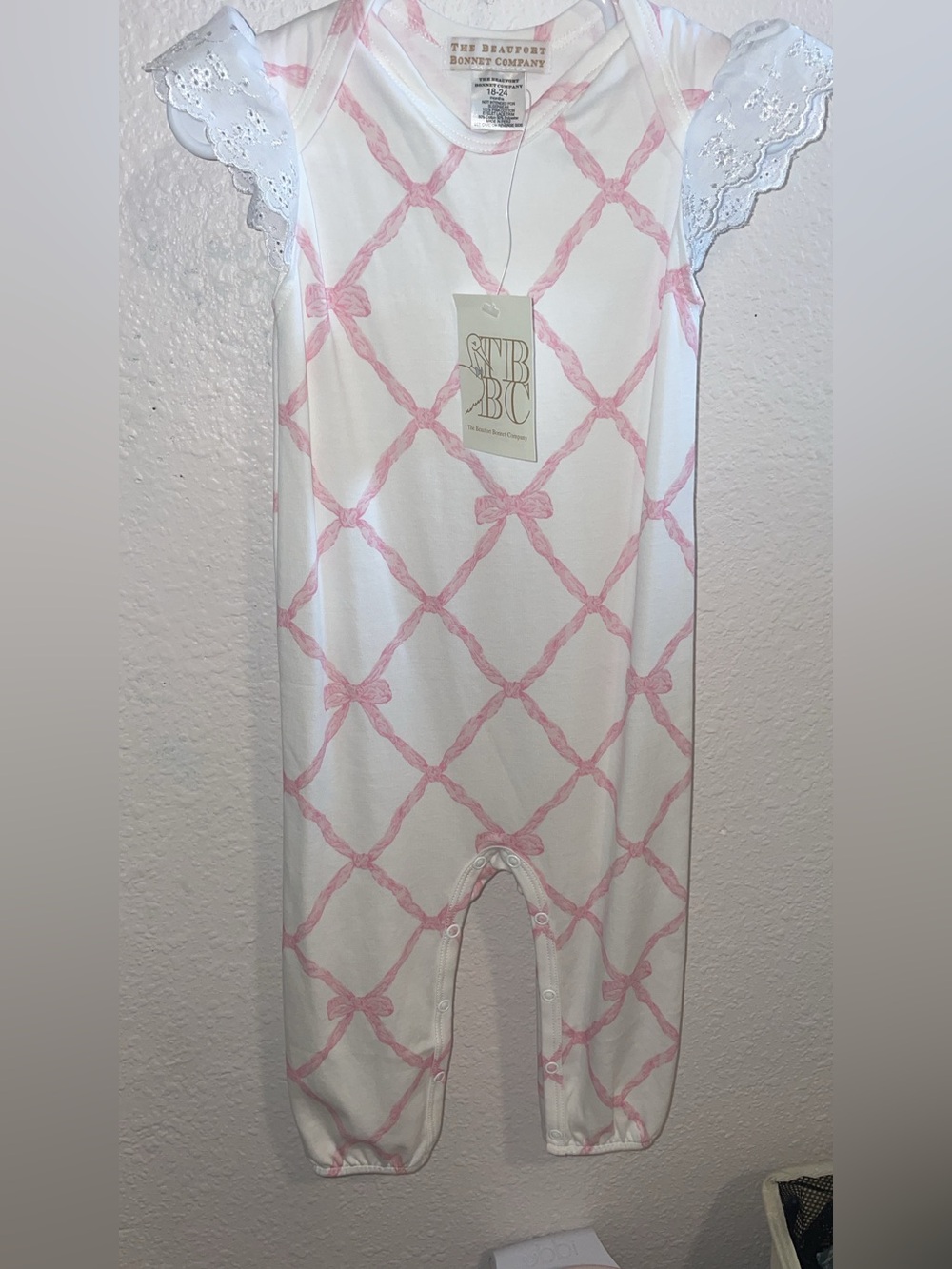The Beaufort Bonnet Company White Romper with Pink Bow Lattice